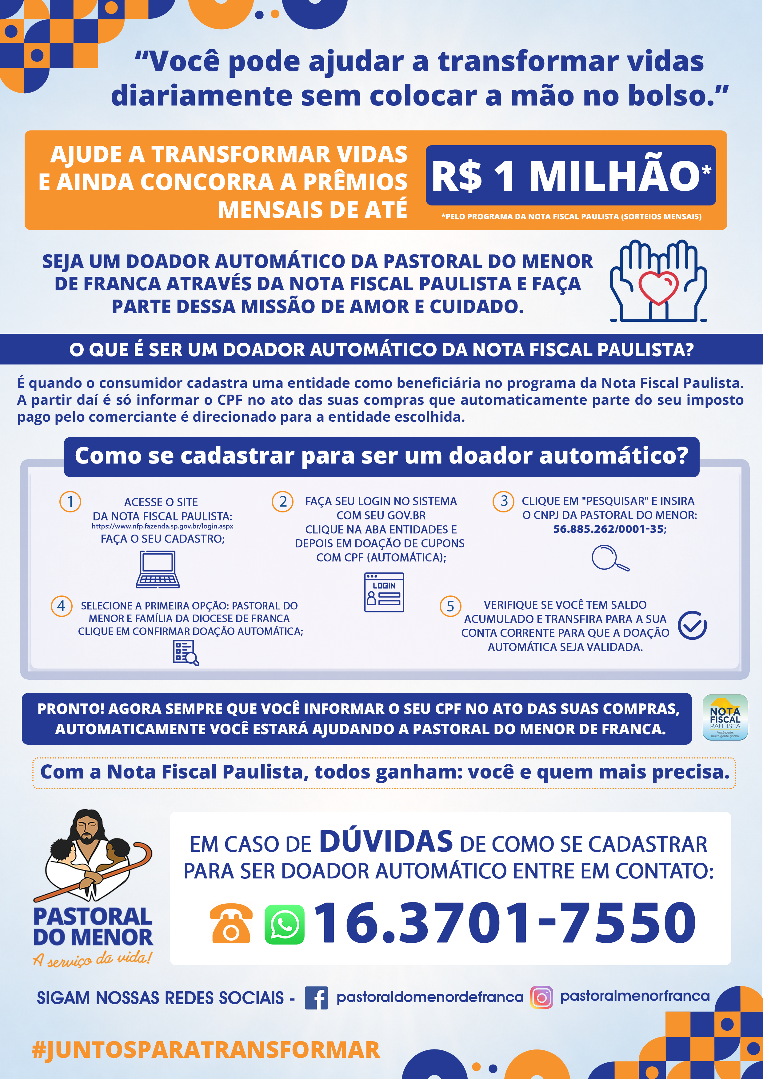 Seja Doador Automatico da Pastoral do Menor na Nota Fiscal Paulista